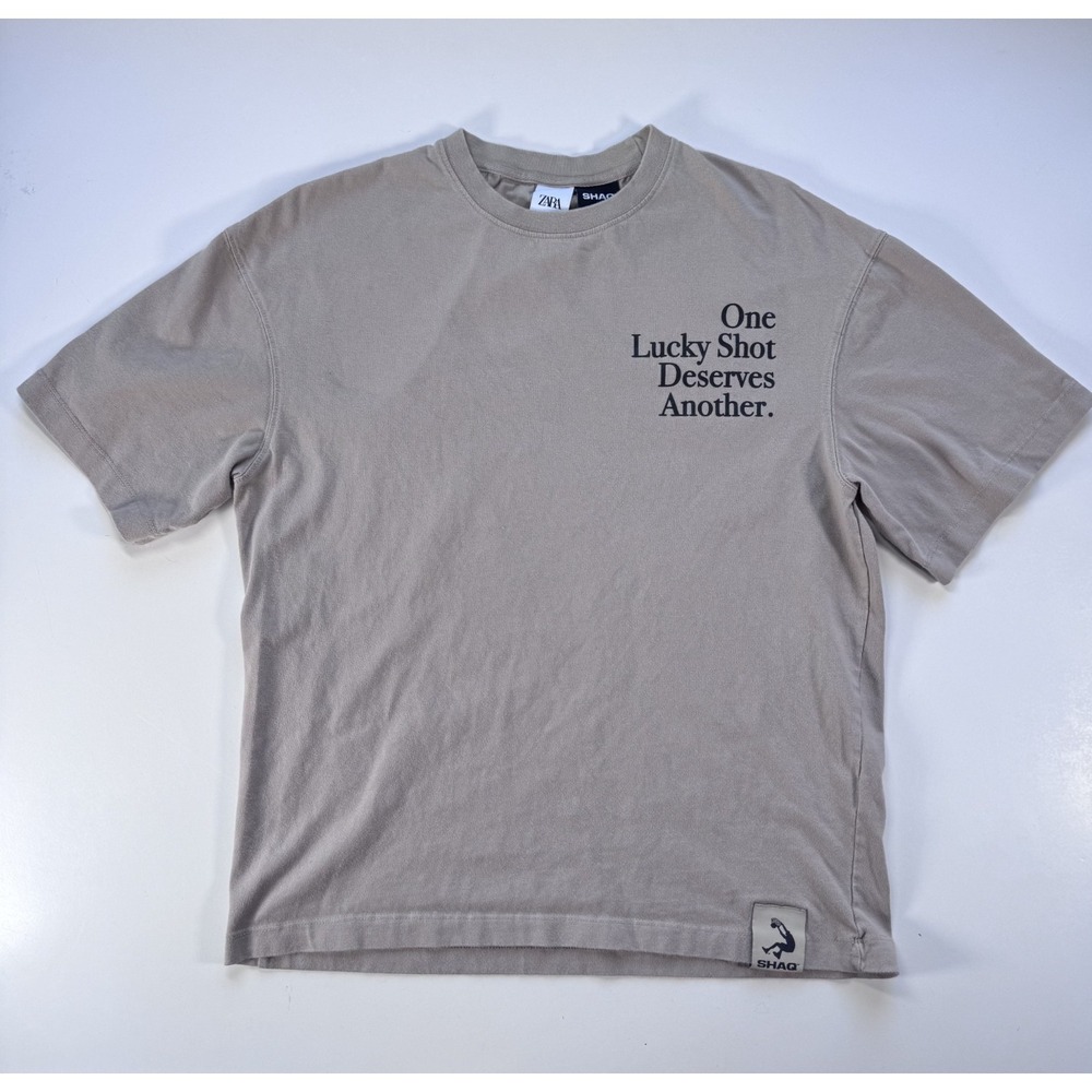 Zara SHAQ Short Sleeve Lucky Shot Basketball Top T-Shirt Mens Small Beige